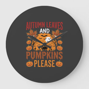Grande Horloge Ronde Halloween Feuilles d'Automne et Citrouilles Vecteu