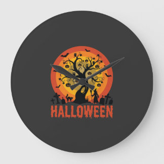 Grande Horloge Ronde Halloween Haunted Tree Witch and Black Cats
