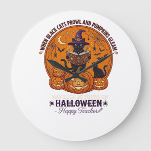 Grande Horloge Ronde Halloween Joyeux Professeur Chat Noir Sorcière Cha
