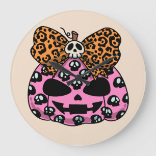 Grande Horloge Ronde Halloween, Motif Crâne Visage Citrouille