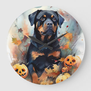 Grande Horloge Ronde Halloween Rottweiler avec la peur Citrouille
