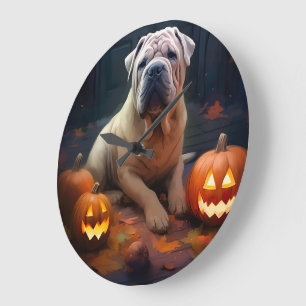 Grande Horloge Ronde Halloween Shar Pei Avec La Peur Citrouille