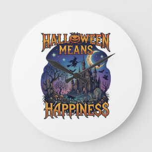 Grande Horloge Ronde Halloween signifie bonheur château hanté sorcière 