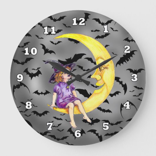 Grande Horloge Ronde Halloween sorcière sur la lune (Recto)