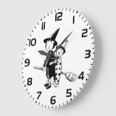 Grande Horloge Ronde Halloween Witch and Clown Riding Broomstick (Angle)