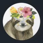 Grande Horloge Ronde Halo tropical | Sweet Sloth<br><div class="desc">Cette impression d'aquarelle présente un parfum orné d'une couronne fleurie | Par Grace Popp. ID d'image : 123776GG</div>