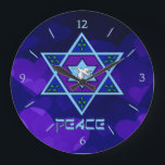 Grande Horloge Ronde Hanukkah<br><div class="desc">Blues of all shades,  lilac and lavender in a flower shape with a knotted six-sided star in the center is a great way to celebrate Hanukkah and express your individuality at the time.</div>