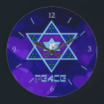Grande Horloge Ronde Hanukkah<br><div class="desc">Blues of all shades,  lilac and lavender in a flower shape with a knotted six-sided star in the center is a great way to celebrate Hanukkah and express your individuality at the time.</div>