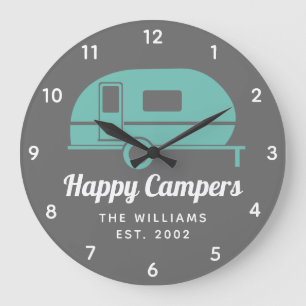 Grande Horloge Ronde Happy Campers Grey Camping Turquoise