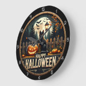 Grande Horloge Ronde Happy Halloween scène de chat noir (Angle)