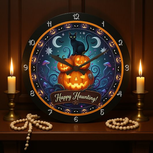 Grande Horloge Ronde Happy Hauny Chat noir Citrouille
