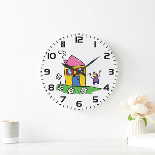 Grande Horloge Ronde Happy Home Colorful House et Stick Figure