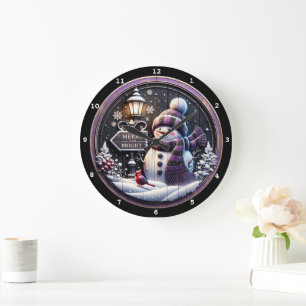Grande Horloge Ronde Happy Snowman Wonderland" - Mur de Noël festif
