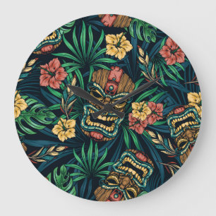 Grande Horloge Ronde Hawaï Tiki Masque Motif tropical