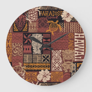 Grande Horloge Ronde Hawaiian Tribal : Vintage Fabric Patchwork