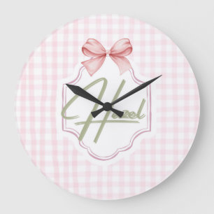 Grande Horloge Ronde Hazel personnalisé Baby Girl Nursery Bow&En vichy