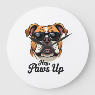 Grande Horloge Ronde Hé Paws Up Bulldog Vintage avec Lunettes de Soleil