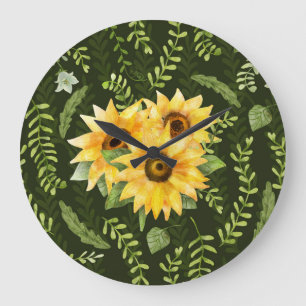 Grande Horloge Ronde Herbes de tournesols Feuille Motif d'aquarelle