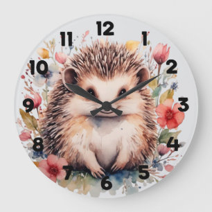 Grande Horloge Ronde Hérisson mignon avec des fleurs de printemps