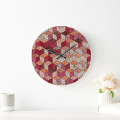 Grande Horloge Ronde Hexagons brodés : Patchwork Bohème Imprimer. (Maison)