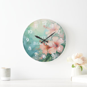 Grande Horloge Ronde Hibiscus blanc de pêche tropicale Floral