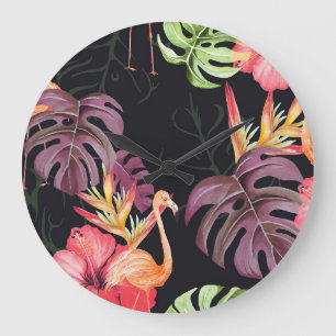 Grande Horloge Ronde Hibiscus, Flamants roses, Aquarelle Motif tropical