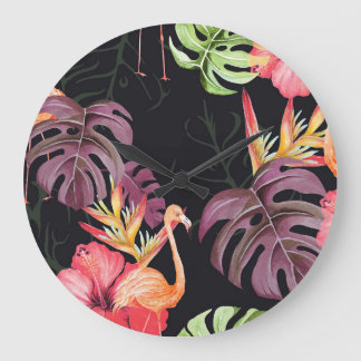 Grande Horloge Ronde Hibiscus, Flamants roses, Aquarelle Motif tropical