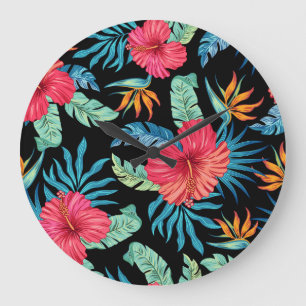 Grande Horloge Ronde hibiscus modifiable, motif floral vintage