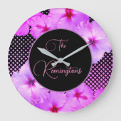 Grande Horloge Ronde Hibiscus rose chaud Nom de famille Keepsaké (Recto)