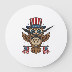 Grande Horloge Ronde Hibou patriotique Gravure vintage Graphique_1