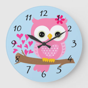 Grande Horloge Ronde Hibou rose Animé