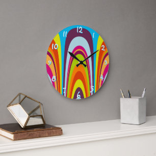 Grande Horloge Ronde Hip funky coloré rétro moderne Motif d'art Wave