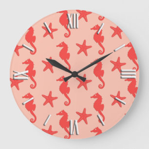 Grande Horloge Ronde Hippocampe et étoiles de mer - nuances de corail o