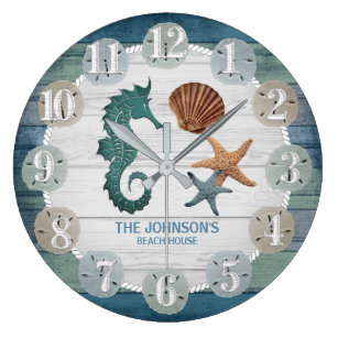 Grande Horloge Ronde Hippocampe et plage Bois nautique - Bleu foncé Tur