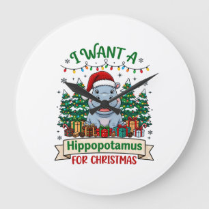 Grande Horloge Ronde Hippopotame Noël Hippo Chapeau de Père Noël Arbres