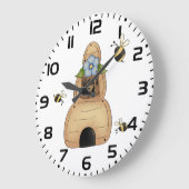 Grande Horloge Ronde Hive d'abeille au miel avec fleurs bleues et abeil (Angle)