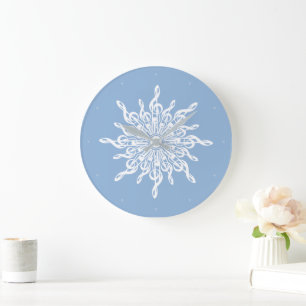 Grande Horloge Ronde Hiver Bleu ornemental Tref Clé Flocon de neige
