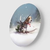 Grande Horloge Ronde hiver de neige de Noël beagle (Angle)