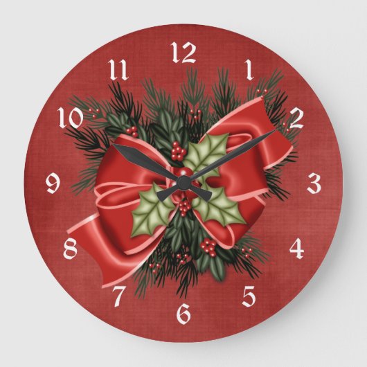 Grande Horloge Ronde Holiday Greenery & Red Bow Christmas Clock (Recto)