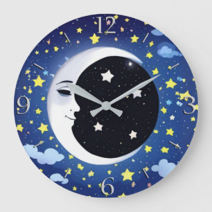 Grande Horloge Ronde Homme dans la Lune sur un fond étoilé