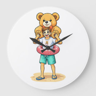 Grande Horloge Ronde Homme de dessin animé mignon avec un ours en peluc
