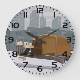 Grande Horloge Ronde Homme sans abri tenant un panneau d'aide - Pauvret