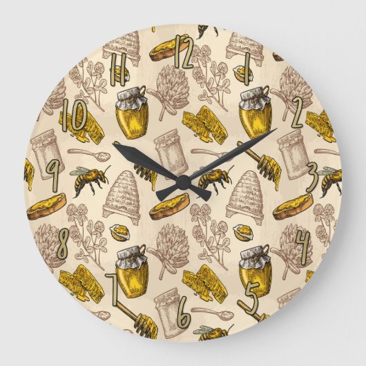 Grande Horloge Ronde Honey Bee Beehive Golden Yellow Vintage Organic (Recto)