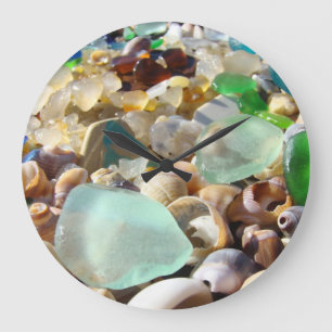 Grande Horloge Ronde Horaires muraux de Seaglass Agates Shells Beach Cô
