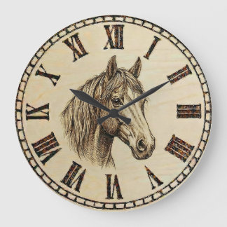 Grande Horloge Ronde Horse Wood Burned Wall Clock