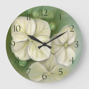 Grande Horloge Ronde Hortensia en pastel blanc crème mol floral