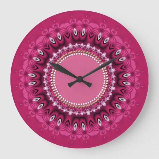 Grande Horloge Ronde Hot Pink Peacock Lace Mandala Wall Clock (Recto)