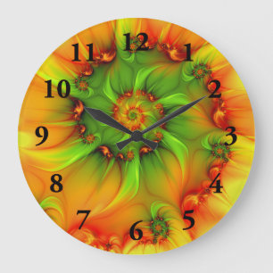 Grande Horloge Ronde Hot Summer Green Orange Abstract Colorful Fractal