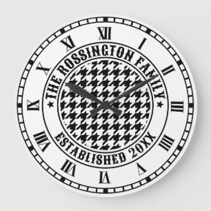 Grande Horloge Ronde Houndstooth noir et blanc Nom de famille Date de f