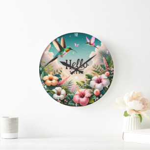 Grande Horloge Ronde Hummingbirds parmi les fleurs tropicales Bonjour l